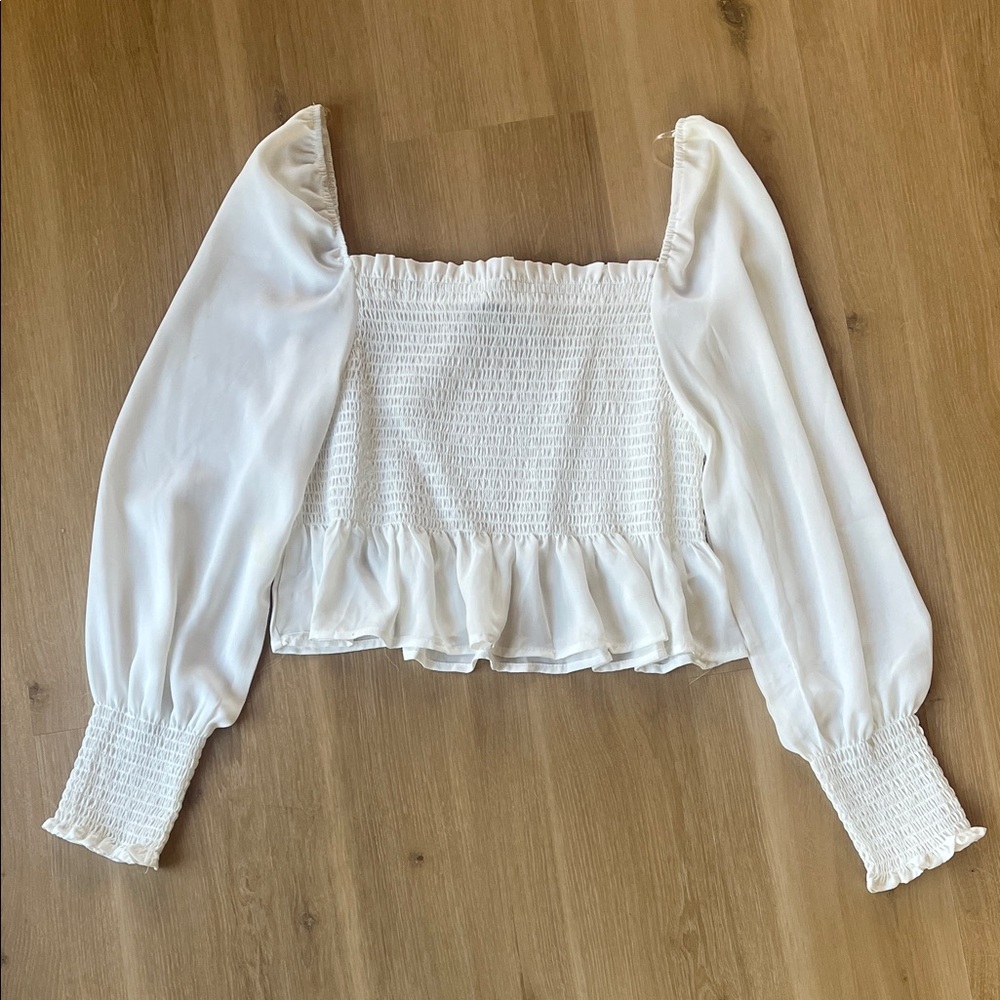 Shinestar White Smocked Blouse with Long Sleeves